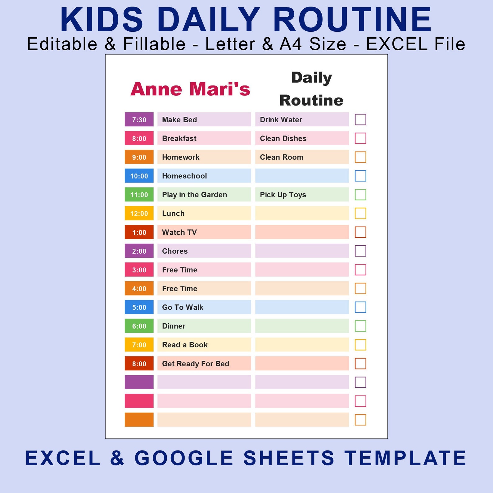 Editable Daily Routine Checklist Kids for EXCEL. Printable Fillable ...