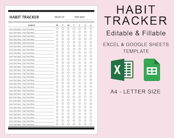 Weekly Habit Tracker Printable. EXCEL Spreadsheet Google Sheets Template. Habit Tracker Template. Routine Tracker. 7 Day Habit Challenge.