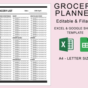 Grocery List Printable Template Editable Fillable. EXCEL Spreadsheet Google Sheets Template. Grocery Planner. Food Shopping List.