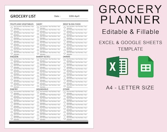 Grocery List Printable Template Editable Fillable. EXCEL Spreadsheet Google Sheets Template. Grocery Planner. Food Shopping List.