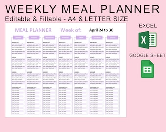 Weekly Meal Planner Grocery List Printable Editable Fillable Template. EXCEL Spreadsheet Google Sheets Template. Food Meal Planner.