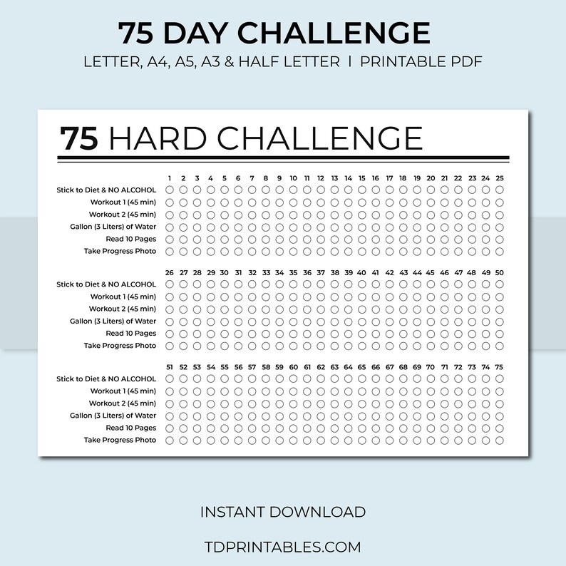 75 Hard Challenge Printable PDF Template Self Improvement Habit Workout