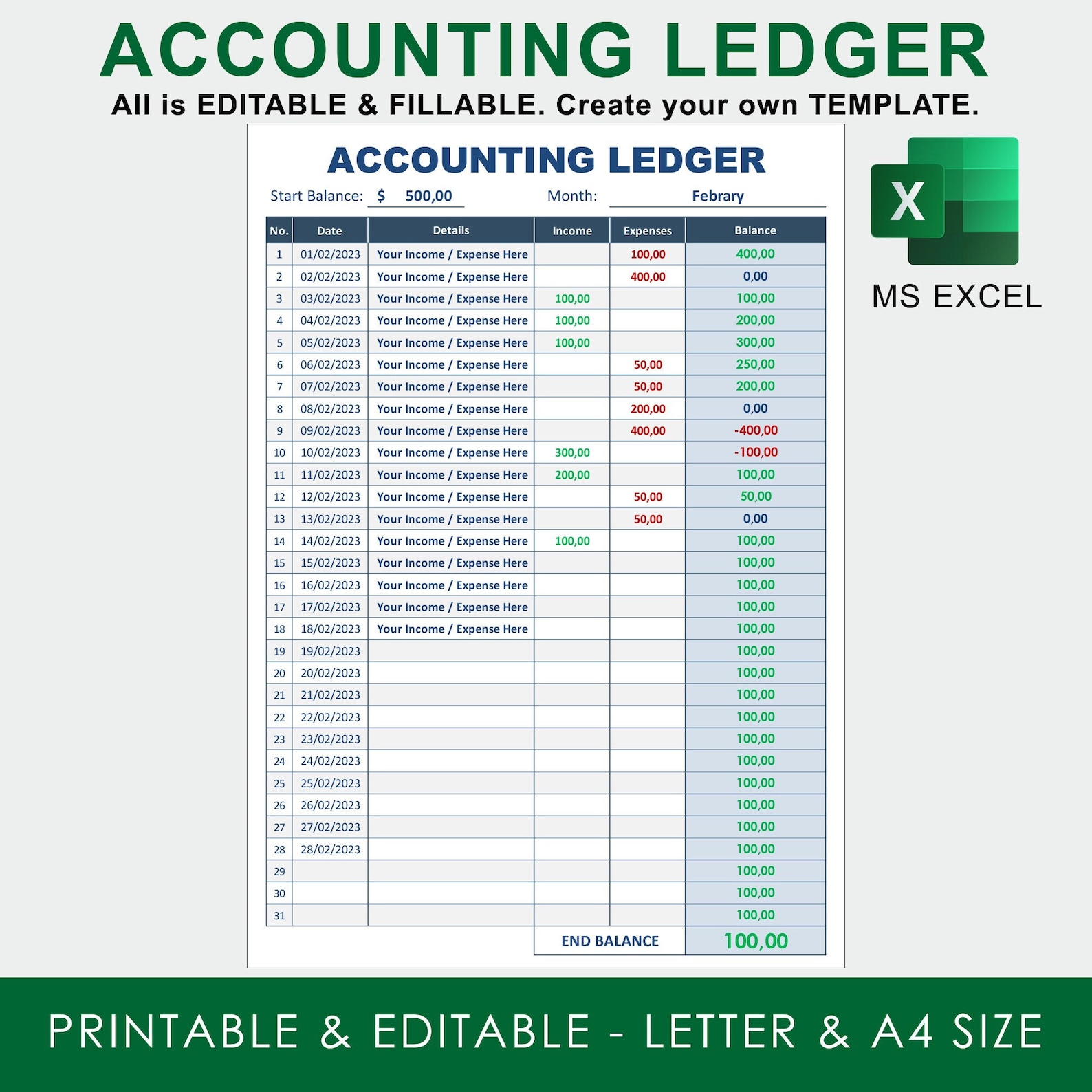 EXCEL Spreadsheet Template Printable Accounting, Expense Tracker