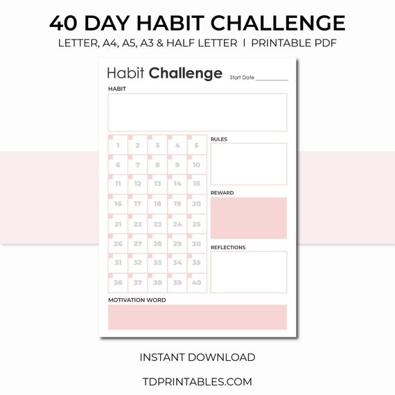 40 Day Habit Challenge Tracker, Goal Tracker, A4 Letter, A3, A5 Size PDF,  Habit Tracker Printable, 40 Day Template, 40 Day Tracker