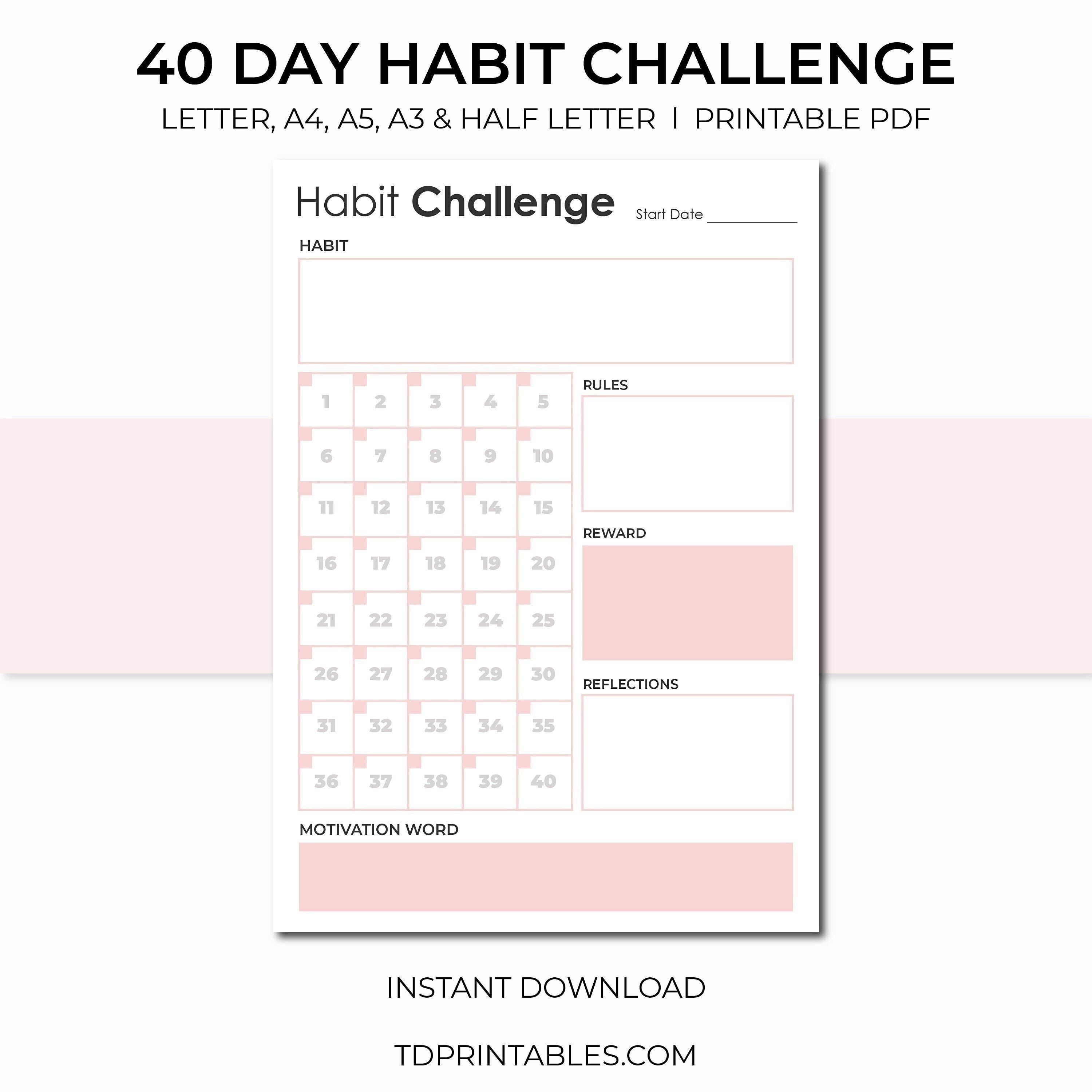 40-tage-habit herausforderung tracker, ziel-tracker, a4 & letter