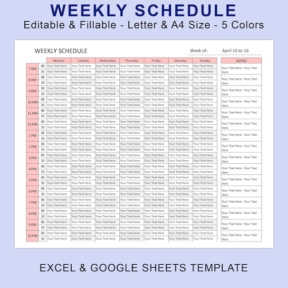 Weekly Schedule Planner Printable. Study Schedule. Weekly Hourly Timetable. Weekly Agenda. EXCEL Spreadsheet - Google Sheets Template.