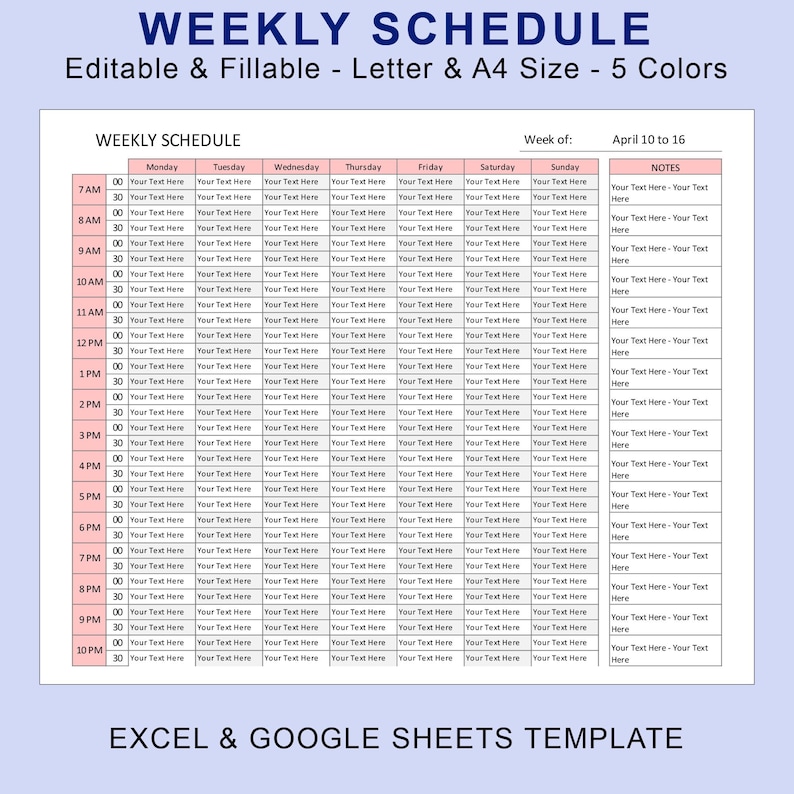 May include: A weekly schedule template in a spreadsheet format with a pink, blue, and grey colour scheme. The template is editable and fillable and can be used for planning a week's worth of activities. The template includes columns for each day of the week, from Monday to Sunday, and rows for each hour of the day, from 7 AM to 10 PM. The template also includes a notes section for each day.
