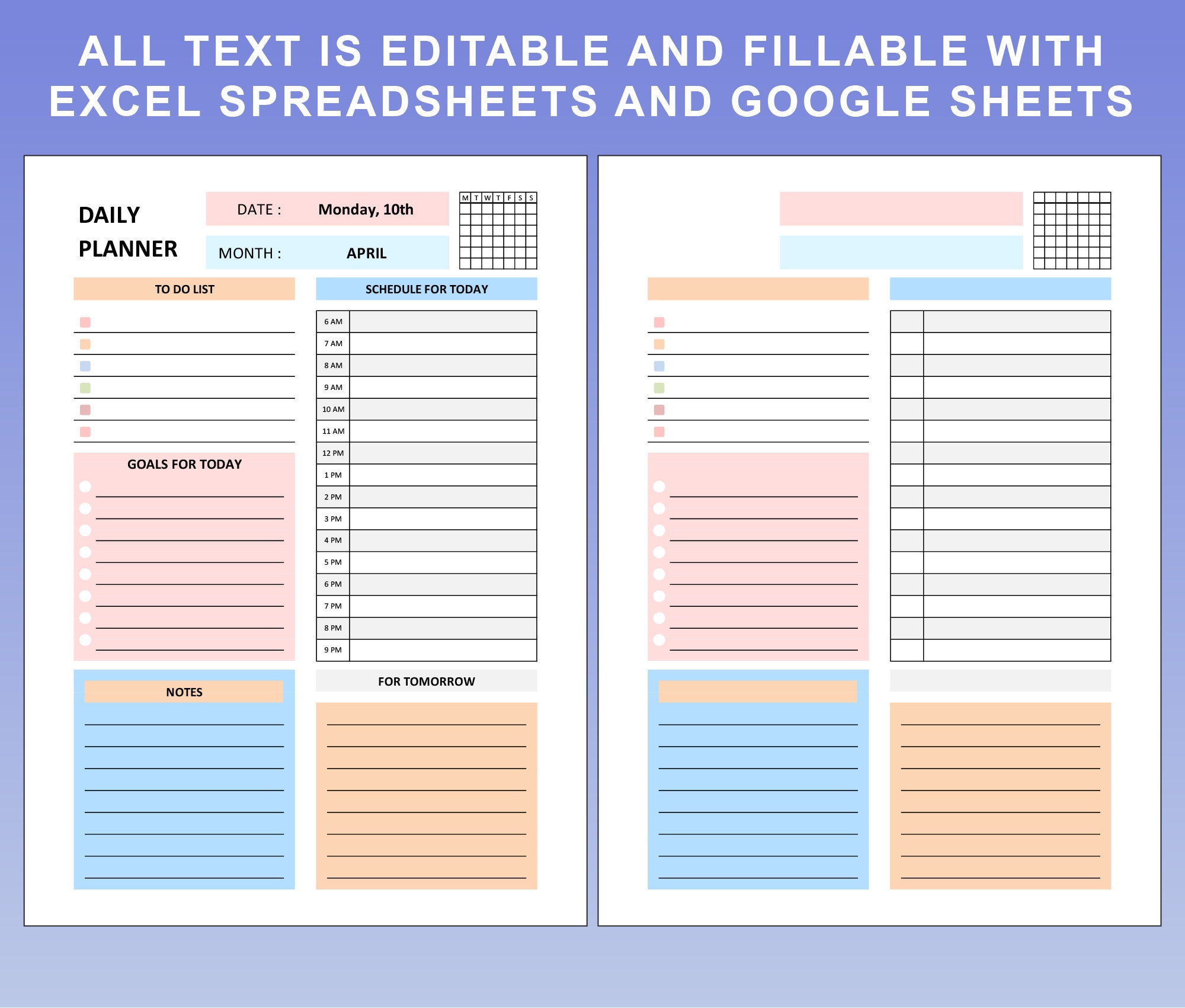 Editable Fillable Printable Dialy Planner. EXCEL Spreadsheets & Google Sheeets. Daily to Do List ...