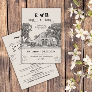 Invitación de boda personalizada con boceto del lugar, plantilla de invitación digital, retrato del lugar de la boda de dibujo personalizado, retrato de la iglesia de la boda