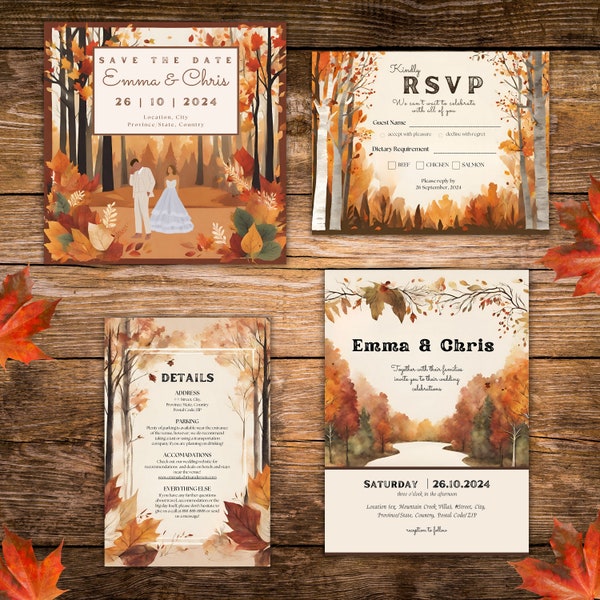 Rustic Fall Wedding Invitation Template Set, Rustic Wedding Invite Suite Bundle, Canva Template, Details Card, RSVP, Instant Download