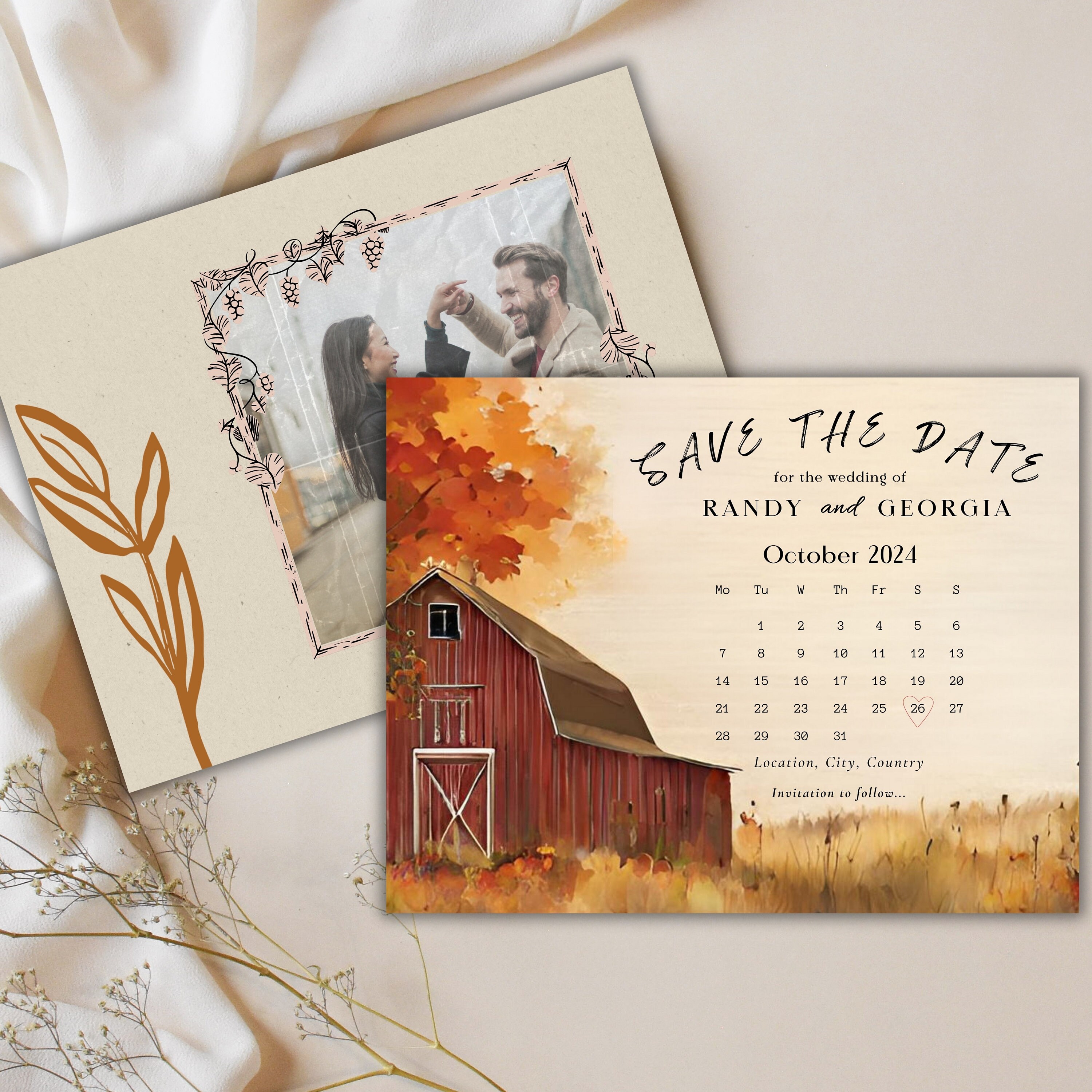 Rustic Barn Fall Wedding Save the Date Card, Editable Canva Template ...