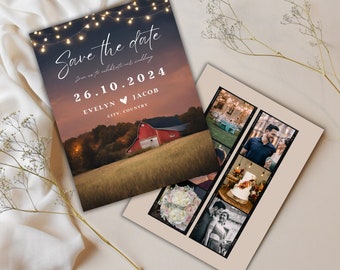 Rustic Barn Wedding Save The Date Template, Photo Collage (Digital Download)