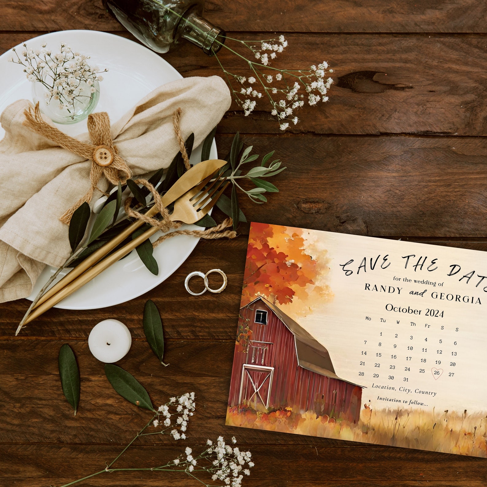 Rustic Barn Fall Wedding Save the Date Card, Editable Canva Template ...