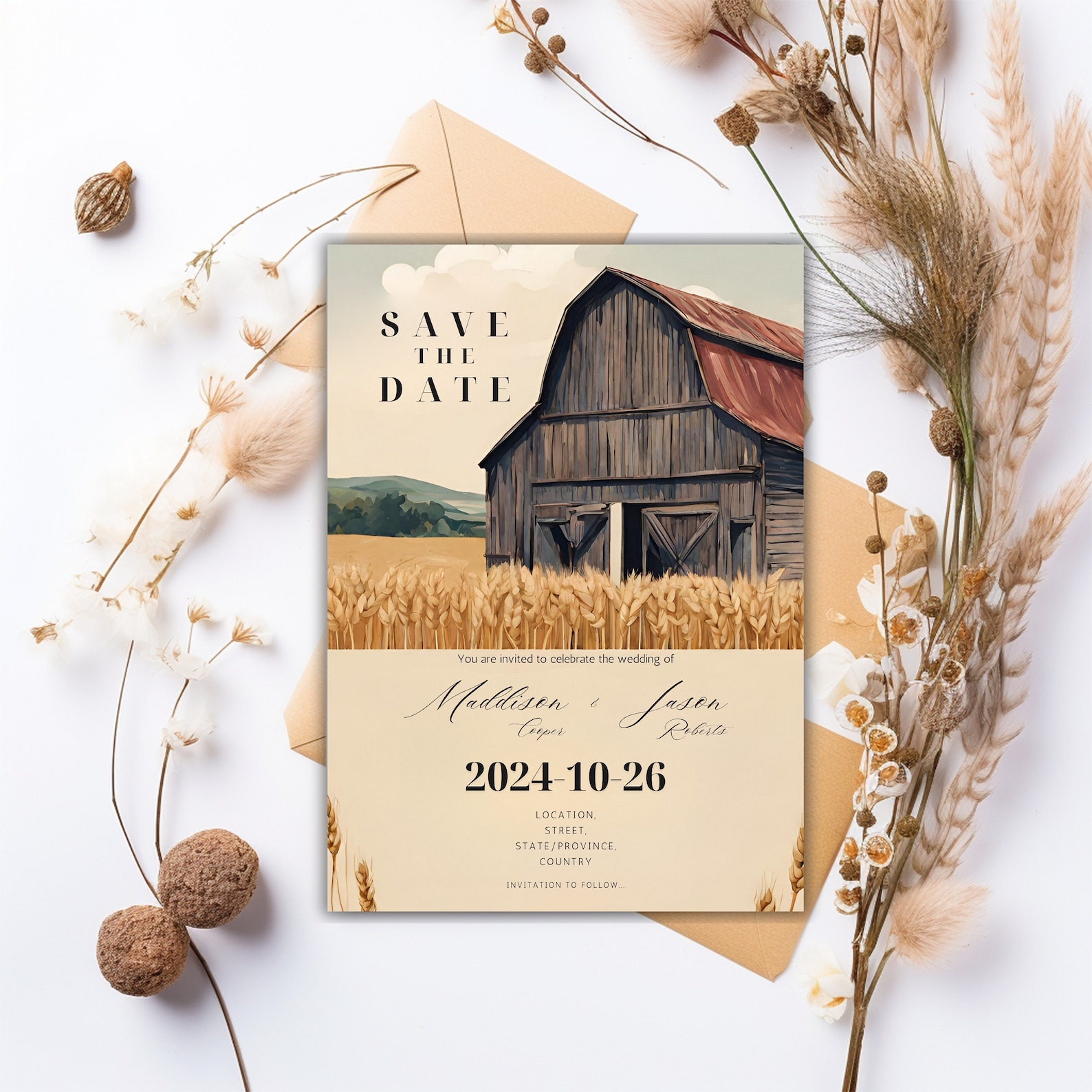Rustic Barn Wedding Save the Date Card, Printable Canva Template ...