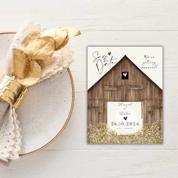 Charming Country Barn Wedding Invitation - Rustic Save the Date Template, Customizable Picture, Printable Card - Instant Download