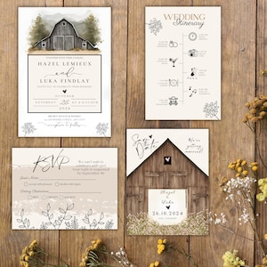 Country Barn Wedding Invitation Bundle, Country Rustic Wedding Invitation Set, Editable Printable Canva Template with Picture, Digital Cards