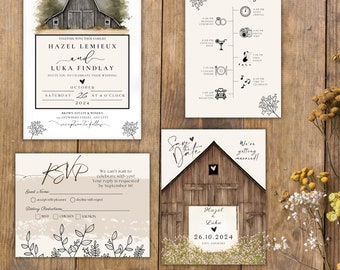 Country Barn Wedding Invitation Bundle, Country Rustic Wedding Invitation Set, Editable Printable Canva Template with Picture, Digital Cards