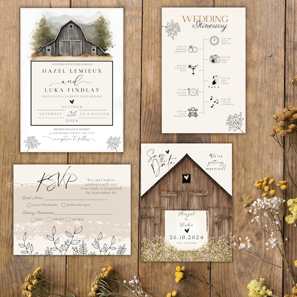 Country Barn Wedding Invitation Bundle, Country Rustic Wedding Invitation Set, Editable Printable Canva Template with Picture, Digital Cards