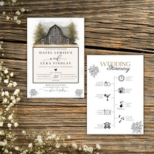 Country Barn Wedding Invitation Template, Rustic Invitation Template with Itinerary, Double-Sided, Printable Card, Instant Digital Download