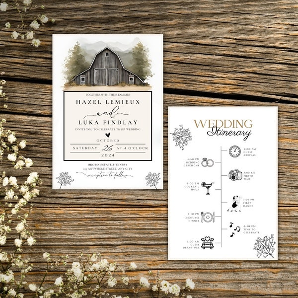 Country Barn Wedding Invitation Template, Rustic Invitation Template with Itinerary, Double-Sided, Printable Card, Instant Digital Download