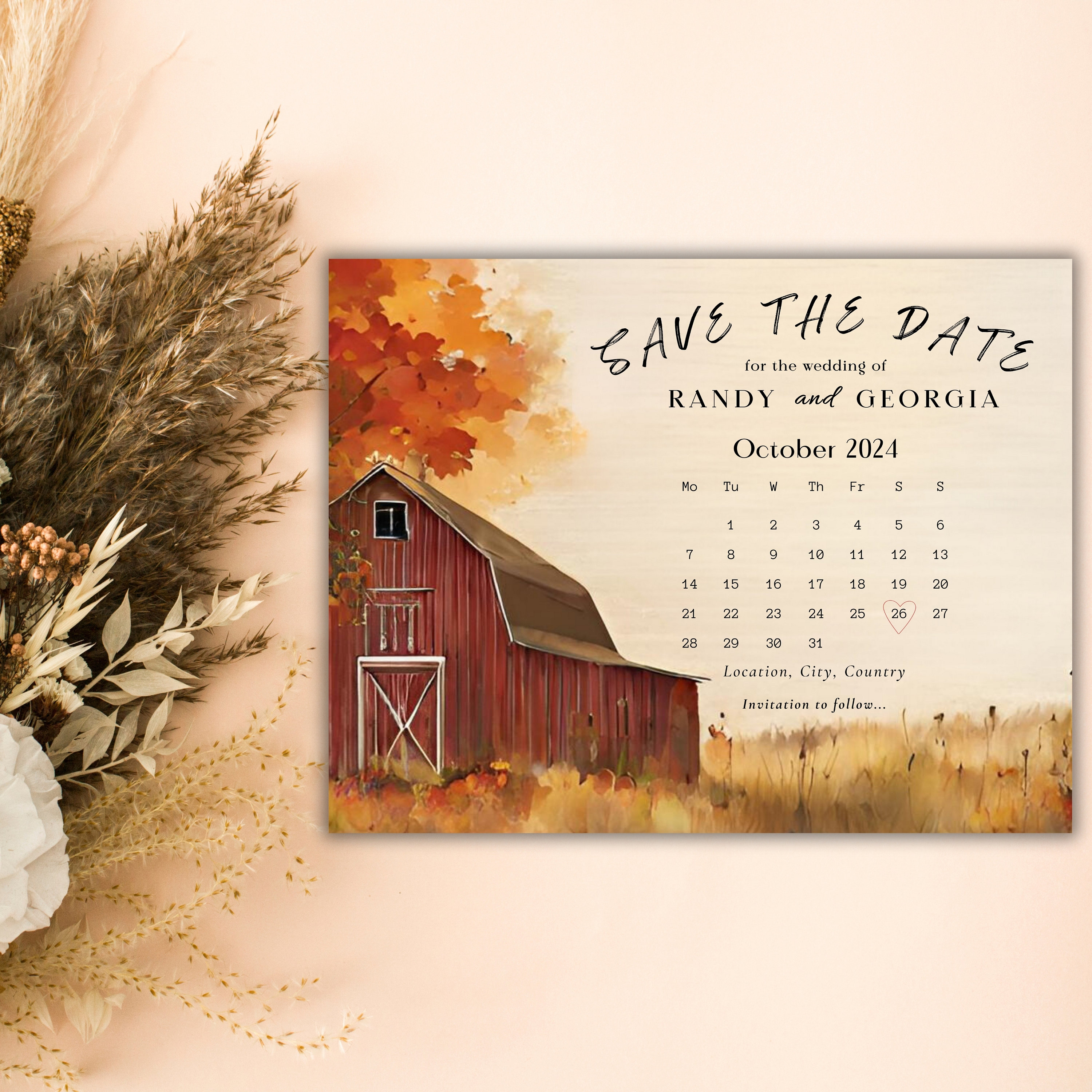 Rustic Barn Fall Wedding Save the Date Card, Editable Canva Template ...