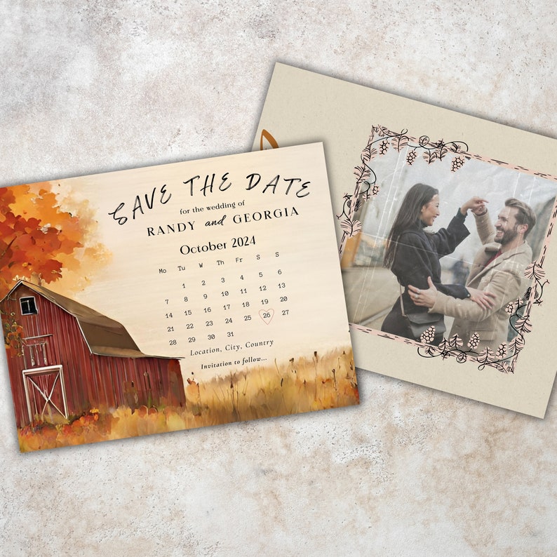 Rustic Barn Fall Wedding Save the Date Card, Editable Canva Template ...