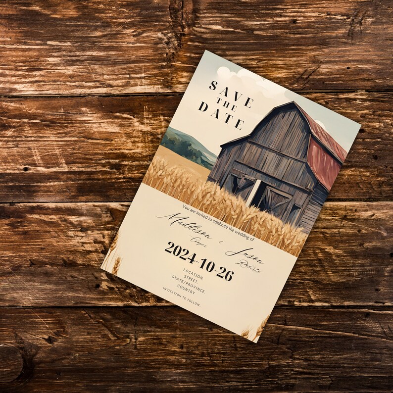 Rustic Barn Wedding Save the Date Card, Printable Canva Template ...