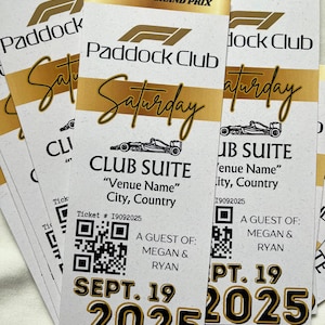 Formel 1 Hochzeit Paddock Club Ticket-Einladung, F1 VIP Personalisierte gedruckte einladen Karte, Hochzeit Briefpapier nach Maß, F1 Party Thema