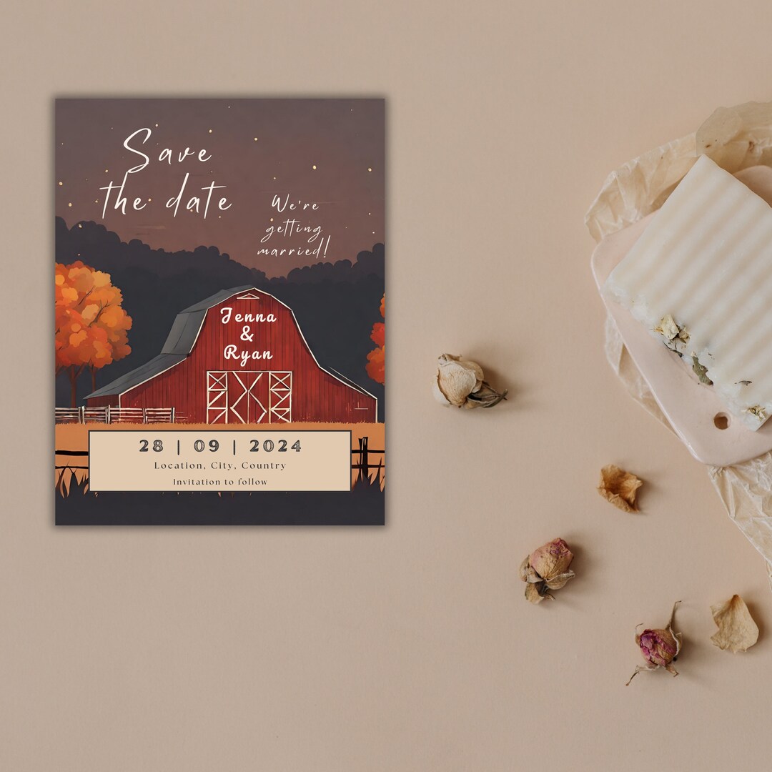 Country Barn Fall Wedding Save the Date Template, Rustic Autumn Wedding ...