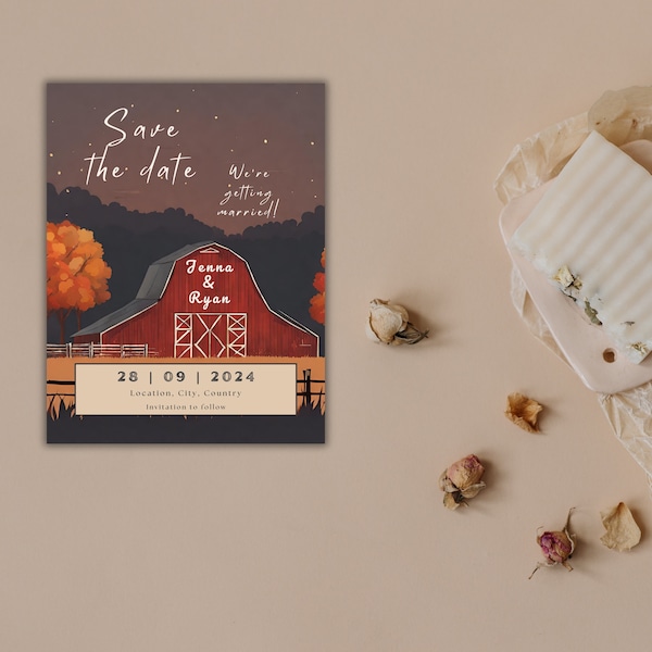 Country Barn Fall Wedding Save the Date Template, Rustic Autumn Wedding Card, Editable Printable Canva Template Invitation, Digital Download