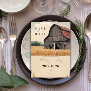 Rustic Barn Wedding Save the Date Template, Country Barn Wedding Card, Editable Printable Canva Template, Instant Digital Download