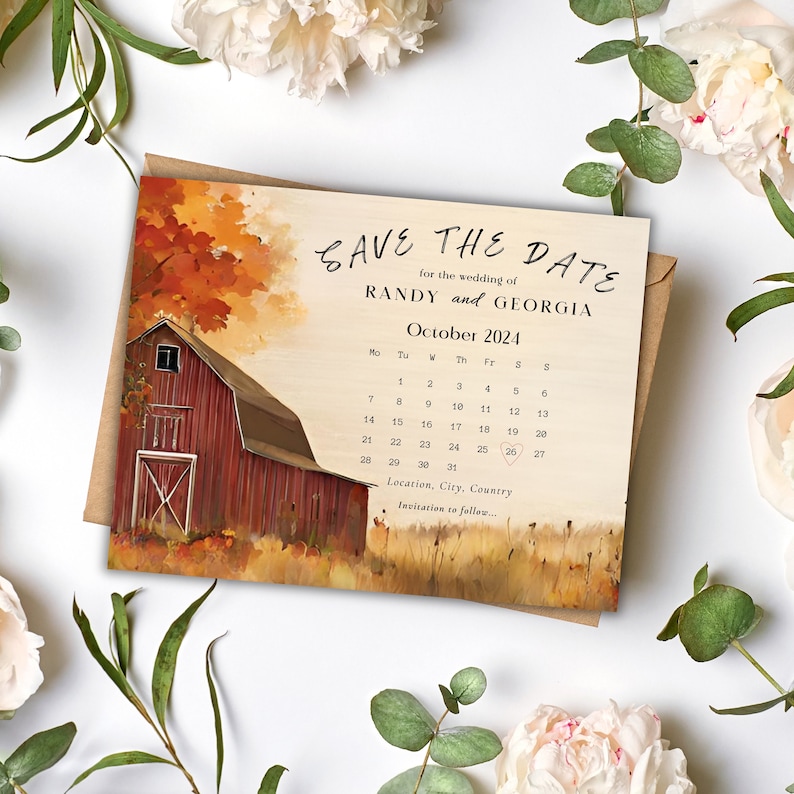 Rustic Barn Fall Wedding Save the Date Card, Editable Canva Template ...