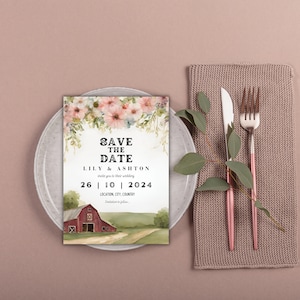 Rustic Spring Wedding Save the Date Template, Country Barn Wedding Card, Printable Canva Template Invitation, Instant Digital Download