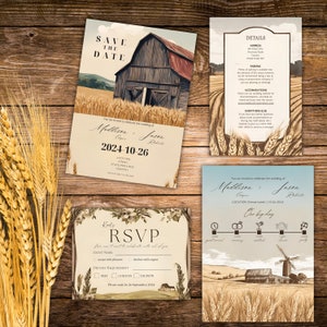 May include: Rustic wedding invitation suite with a barn and wheat field illustration. The save the date card features a red barn with a wooden door and a red roof. The RSVP card has a floral border and a farmhouse illustration. The details card has a wheat field and a windmill illustration. The text on the cards reads "Save the Date", "RSVP", and "Details".