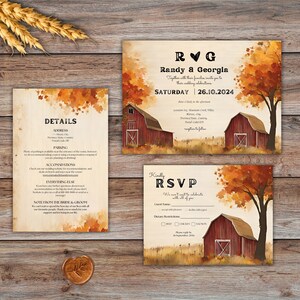 Rustic Fall Wedding Invitation Bundle - Country Barn Theme, Canva Template, Digital Download, RSVP Card - DIY Wedding Stationery