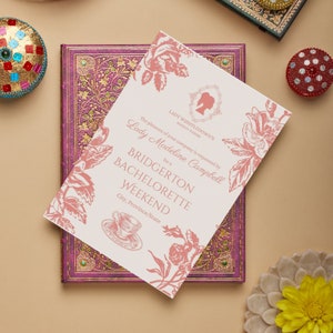 Itinerario de invitación a la despedida de soltera de Bridgerton Hen, Lady Whistledown's, plantilla Canva, imprimible editable, tarjeta de invitación de descarga digital