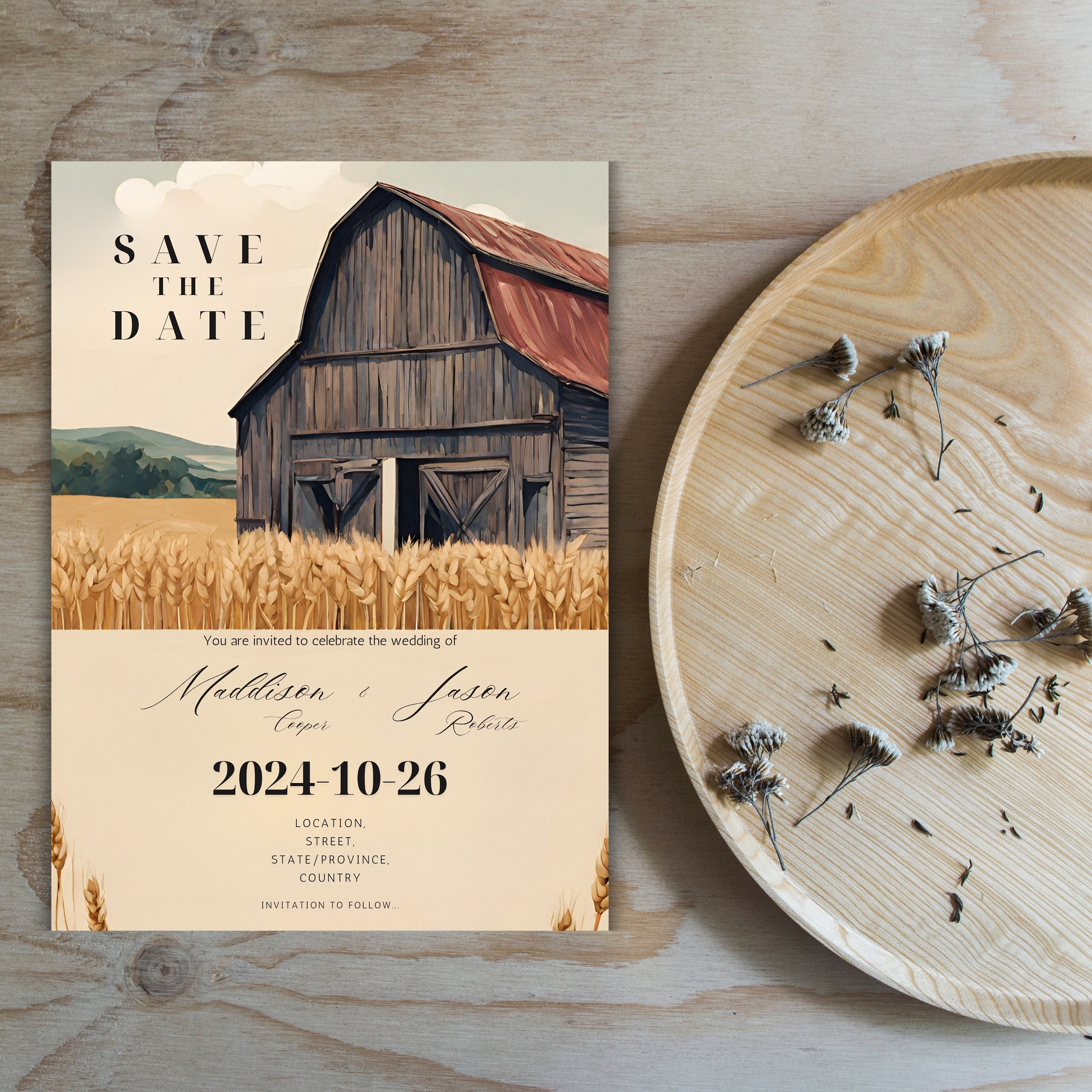 Rustic Barn Wedding Save the Date Card, Printable Canva Template ...