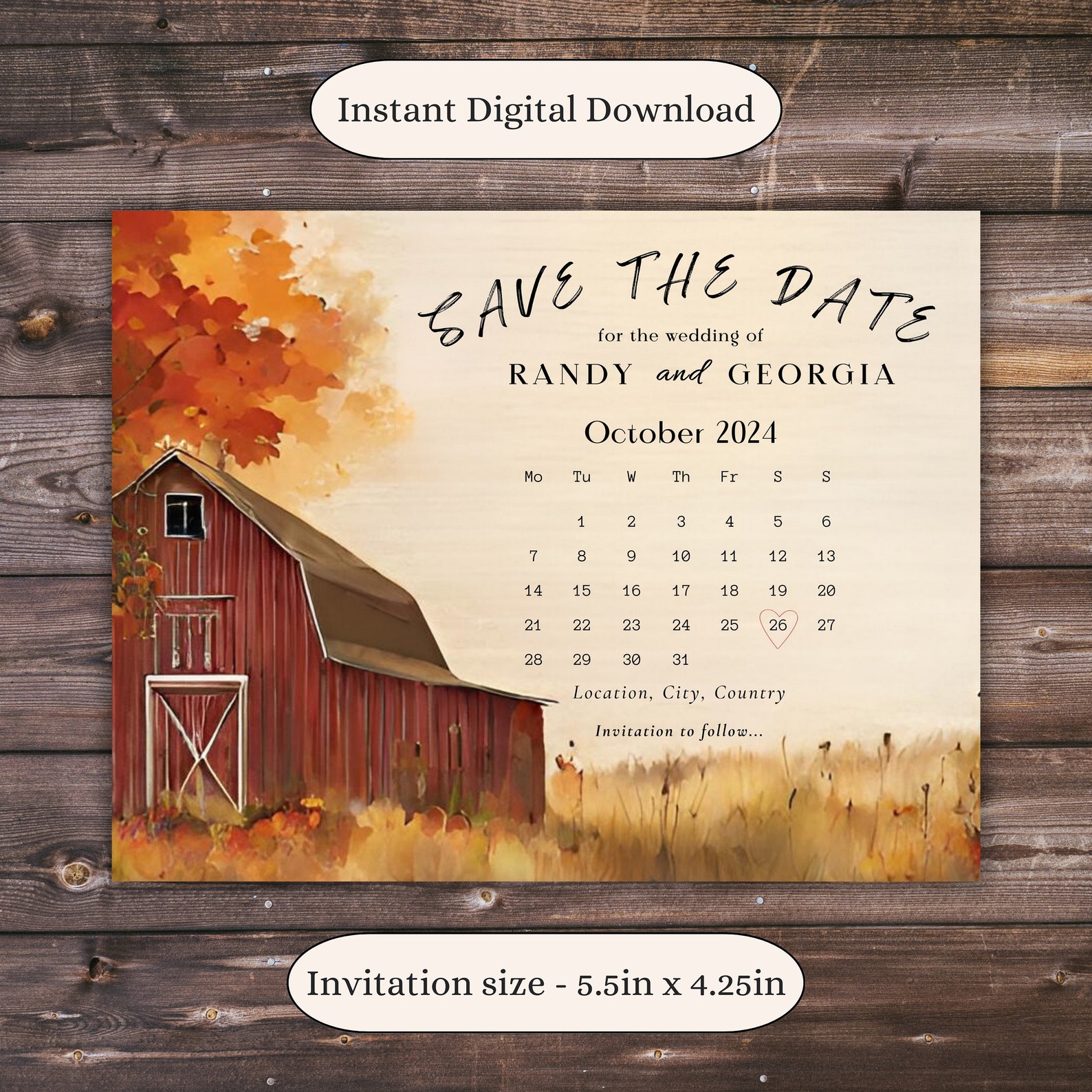Rustic Barn Fall Wedding Save the Date Card, Editable Canva Template ...
