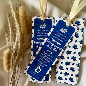 Tarjeta de recuerdo para baby shower con marcapáginas, marcapáginas personalizado para baby shower, recuerdo para invitados, esquinas redondeadas, temática de arándanos, bayas
