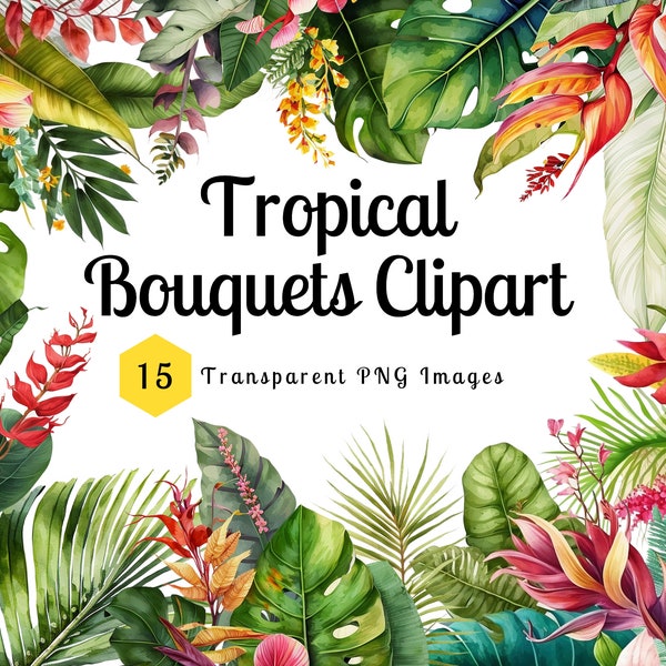 Watercolor Tropical Bouquets Clipart Orchid Monstera Heliconia Palm Tree Transparent Background PNG Instant Download Tropical Wedding Invite