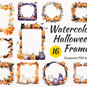 Aquarel Halloween Frames Clipart, pompoenen Spoken katten vleermuizen kunst, transparante achtergrond PNG Instant Download trouwkaart Halloween Decor
