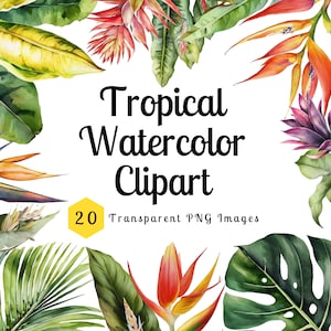 Watercolor Tropical Flowers and Greenery Clipart Orchid Transparent Background Paradise PNG Palm Tree Instant Download Wedding Invite