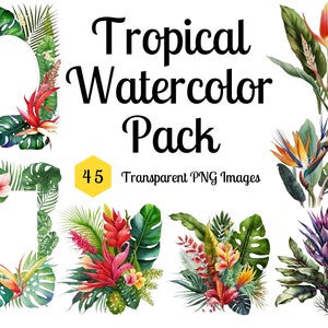 Tropical Watercolor Clipart Pack, 45 Paradise Frames Flower Bouquets Transparent Background PNG Instant Download Tropical Wedding Art Decor