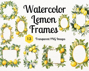 Watercolor Lemon Branch Frames, Summer Lemon Cards Art, Transparent Background Summer PNG Instant Download Wedding Card Decor Art