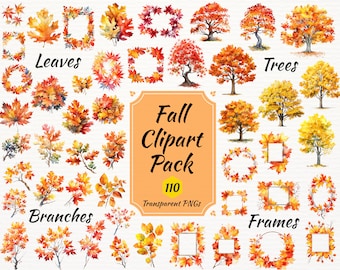 Watercolor Fall GIANT Clipart Pack Autumn Leaves Branches Frames and Bouquets, Transparent Background PNG Instant Download Fall Wedding Card