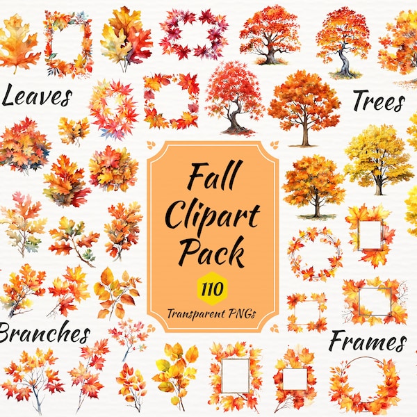 Watercolor Fall GIANT Clipart Pack Autumn Leaves Branches Frames and Bouquets, Transparent Background PNG Instant Download Fall Wedding Card