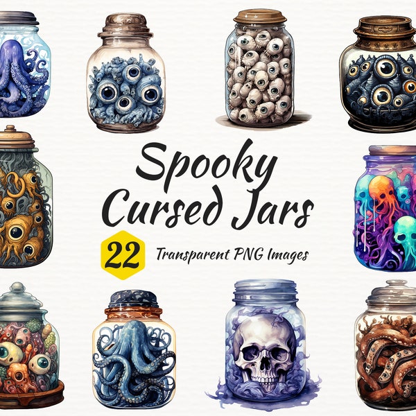 Spooky Watercolor Cursed Jars Clipart, Halloween Witch Spells, Transparent Background PNG Instant Download Wedding Card Halloween Decor