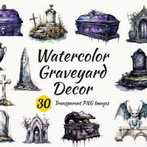Watercolor Graveyard Decor Clipart, Halloween Tombstones Urns Churches Coffins Transparent Background PNG Instant Download Wedding Card