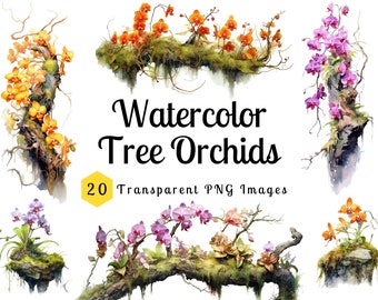 Watercolor Tree Orchids Clipart Transparent Background PNG Instant Download Commercial Use Tropical Floral Wedding Card Designs Art Decor