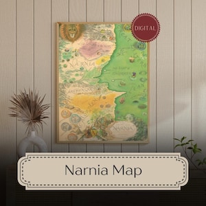 May include: A framed map of Narnia, with detailed illustrations and text labels. The map is in a wooden frame and has a digital stamp. The words "Narnia Map" are displayed below the map.